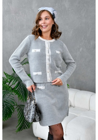 Kadın Düğme Detay Etekli İkili Triko Takım Taş