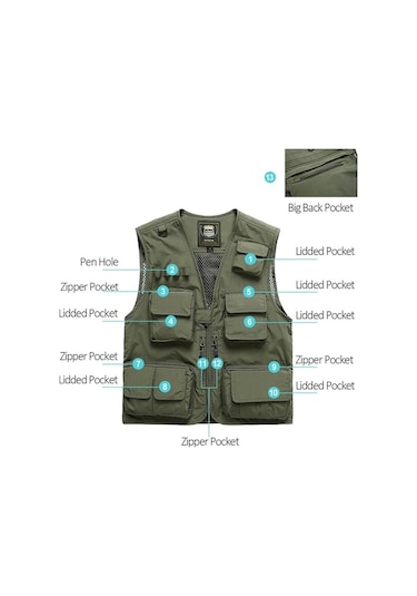 Artfulabode Yeşili Yelek, V-yaka, Tutma Sansız Ordu Kamp İş İçin. Hava, Erkek Fonksiyonel Cep Balık Açık Haki