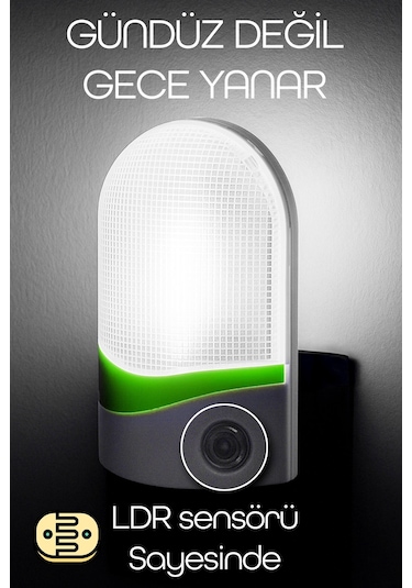 Otomatik Gece Lambası Işığa Duyarlı Ldr Sensörlü Fotoselli Karanlık Sensörlü Işık Renkli 8884 Beyaz