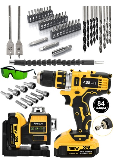 Assur ASR1026 12V Akülü Vidalama 12 Köşe 360 Lazer Hizalama Sarı