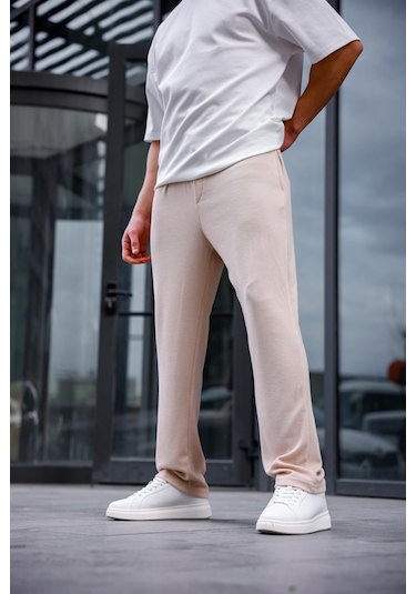 Erkek Bej Renk Burgu Desen Örme Kumaş Baggy Pantolon-1753 Bej