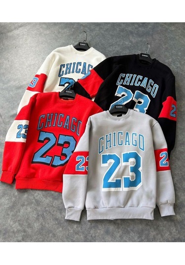 Erkek Gri Unısex Oversize Chicago 23 Baskılı Polarlı Sweat Gri
