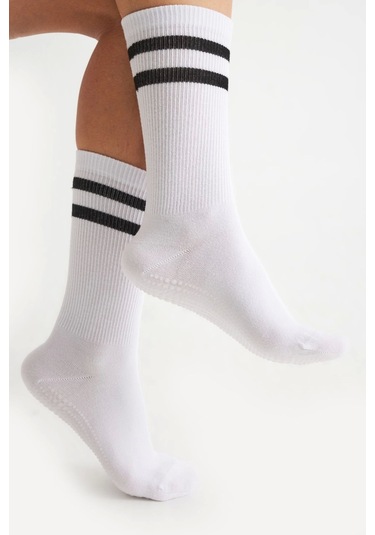 Bambu Kadın Beyaz Kaydırmaz Taban Silikon Baskı Yoga Fitness Pilates Bale Dans Tenis Çorabı Çok Renkli