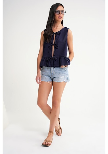 4717 Kadın Önü Bağcıklı Fırfırlı Kolsuz Keten Bluz Lacivert Lacivert