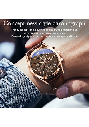 Olevs 2872 Erkekler Üç Göz Altı İğne Kronograf Su Geçirmez Kuvars Saat Kahve + Gül Altın