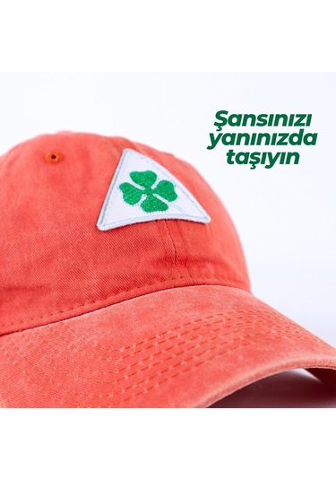 Perlotus Vintage Yıkamalı Pamuk Şapka Dört Yapraklı Yonca Nakışlı Turuncu Turuncu