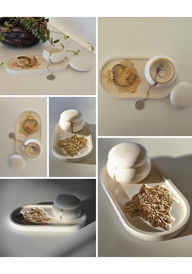 Tealight Mumluk & Tepsi Seti Özel Tasarım Kabartmalı Desen 3 Parça Gold Boyama Kırık Beyaz