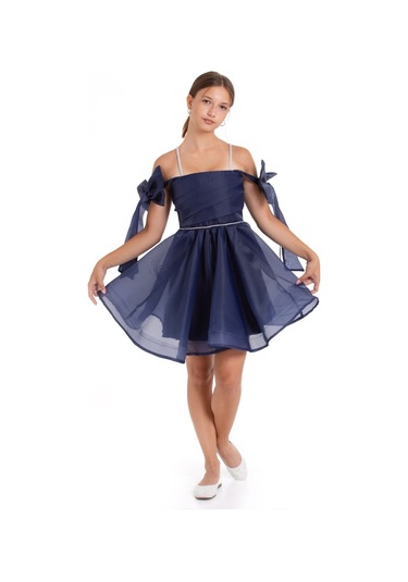 Kız Çocuk Omuz Fiyonklu Lacivert Mezuniyet Ve Özel Gün Saten Kısa Abiye Elbise Lacivert