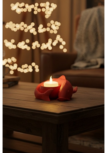 Oxyteez Balık Figürlü Led Mumluk Kırmızı Renk Reçine Tasarım Ev Ve Ofis Dekorasyonu