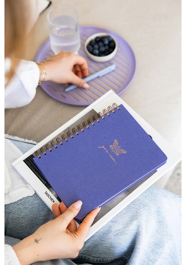 A5 Spiralli Sert Kapak Keten Kareli Tarihsiz Not Defteri Lila Lila