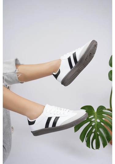 Muggo Gordon Unisex Ortopedik Günlük Garantili Bağcıklı Yürüyüş Koşu Sneaker Spor Ayakkabı Beyaz - Siyah