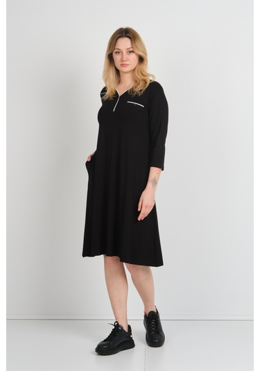 Sistas Kadın V Yaka Süs Cepli Truvakar Kol Elbise 24444 Siyah Siyah