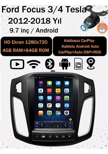 Ford Focus 3/4 2012-2018 Uyumlu 9.7 İnç Tesla Tarzı Ekran 4gb Ram 64gb Rom Android 14 Multimedya Kablosuz Carplay Navigasyon 9.7''