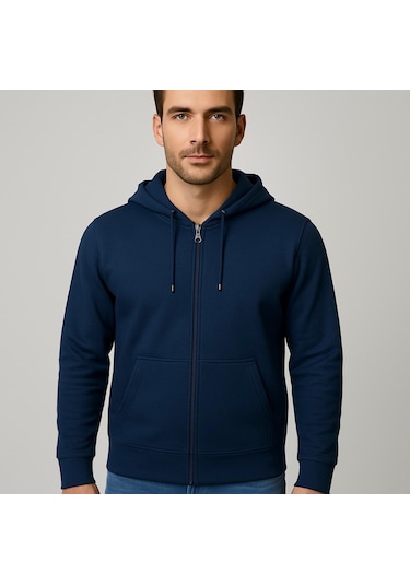 Axxel Erkek Lacivert 2 İplik Fermuarlı Kapüşonlu Sweatshirt-w1084 Lacivert