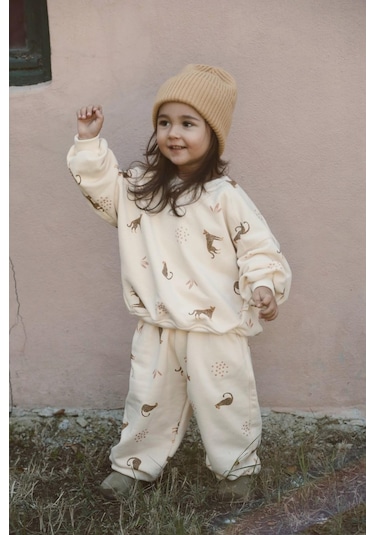 Leopar Baskılı Eşofman Takımı Krem