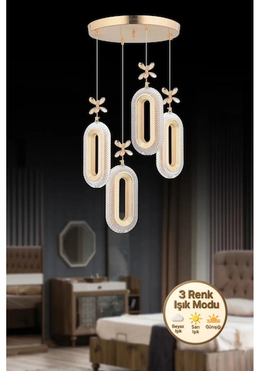 Modern Ledli 4'lü Gold 3 Renk Kristal Taşlı Avize Gold
