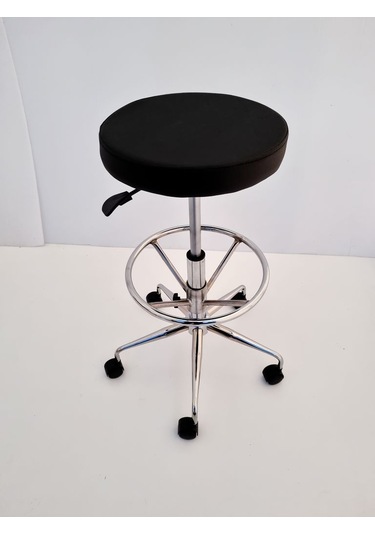 Siyah Deri Tekerlekli Yüksek Bar Boy Laboratuvar Taburesi