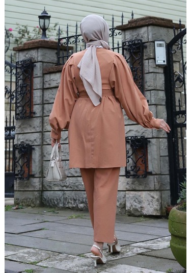 Düğme Detaylı Tesettür Camel Takım Camel