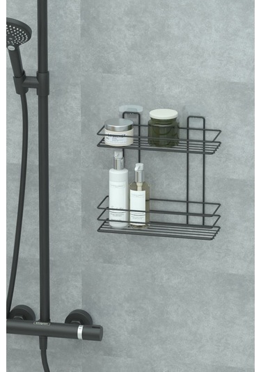 Yapışkanlı 2 Katlı Banyo Rafı Duş Şampuanlık Duvar Düzenleyici Organizer Siyah