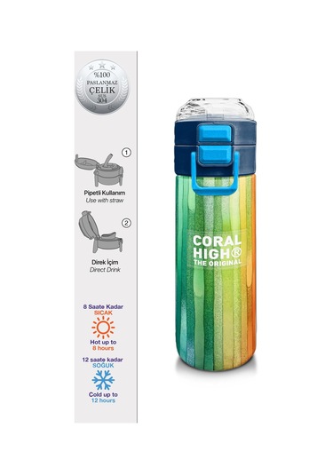 Coral High Kids Lacivert Renkli Çizgili Desenli Pipetli Ve Direkt İçim Çelik Termos 500 Ml 31890 Açık Mavi - Sarı