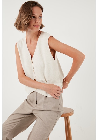 Lela Standart Fit V Yaka Düğmeli Triko Bayan Yelek 4616177 Taş
