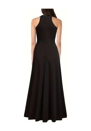 Ahes Shopping Kadın Halter Yaka Derin Yırtmaç Detaylı Tam Boy Ithal Krep Abiye Elbise Siyah