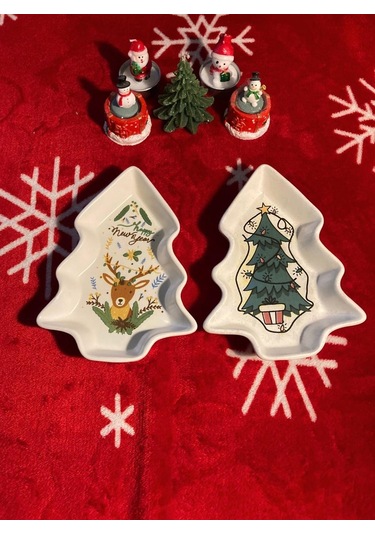 Yılbaşı Temalı 2'li Ağaç Tasarımlı Desenli Seramik Sunum Servis Tabağı 17x12 Cm Geyikli Ve Çam Ağaçlı