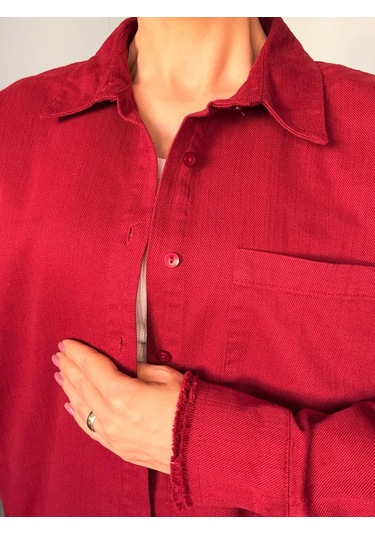 Ali Butik Bordo Püskül Detaylı Keten Gömlek Bordo