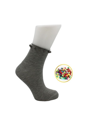 Kadın Çok Renkli Yarım Konç Pamuklu Çorap Boncuk Detaylı 4'lü Paket Çok Renkli