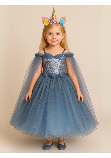 Kız Çocuk Omuzları Tül Detaylı Tarlatanlı Prenses Kostümü-16064 İndigo