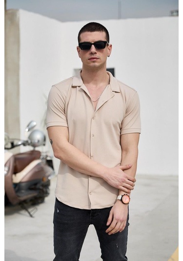 Krem Renk Dokulu Kısa Kol Erkek Gömlek-1583 Krem