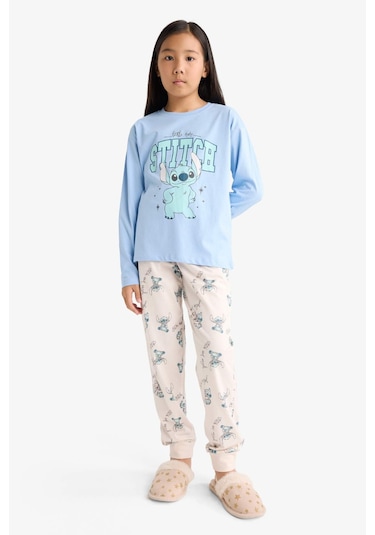 Defacto Kız Çocuk Disney Lilo & Stitch Pijama Takımı Uzun Kollu Üst Uzun Alt F7357a825aube768 Mavi