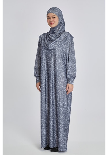 Pratik Tek Parça Çiçek Desenli Namaz Elbisesi Füme