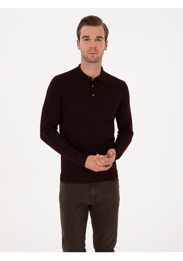 Cacharel Bordo Slim Fit Yün Karışımlı Polo Yaka Basic Triko Kazak Kırmızı