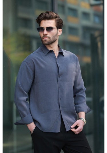 Madmext Füme Basic Uzun Kollu Erkek Gömlek E6762 Füme