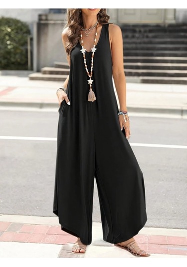 Soonaksesuar Kadın Askılı Yuvarlak Yaka Cepli Salaş Uzun Viskon Tulum Siyah