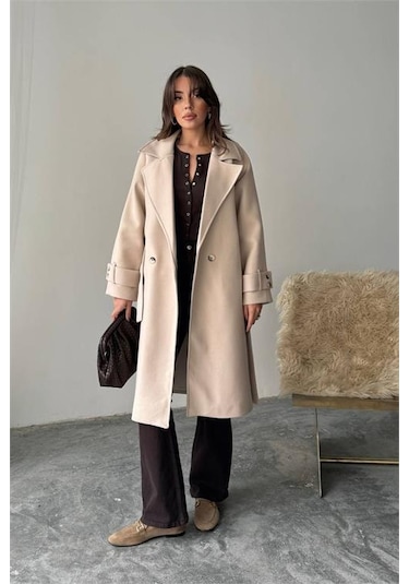 Neşeli Butik Kadın Kuşak Detaylı Astarlı Kaşe Kaban Nbg120 Bej