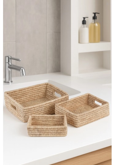 3'lü El Örmesi Hasır Sepet 3 Adet Düzenleyici Kalın Örgü Organizer Sepet 12077 Krem