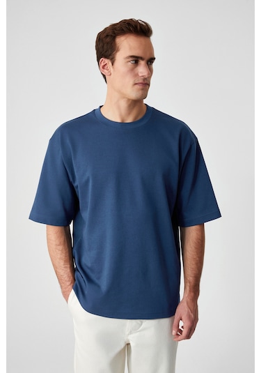 Solo Erkek %100 Organik Pamuklu Kalın Dokulu Comfort Fit Bisiklet Yakalı Navy T-Shirt