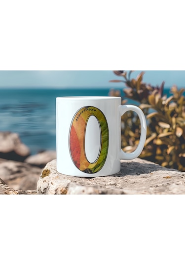 O Harf Yaprak Renkleri İle Kupa Bardak - Kişiye Özel Alfabe Harfli Bardak - Hediye Beyaz