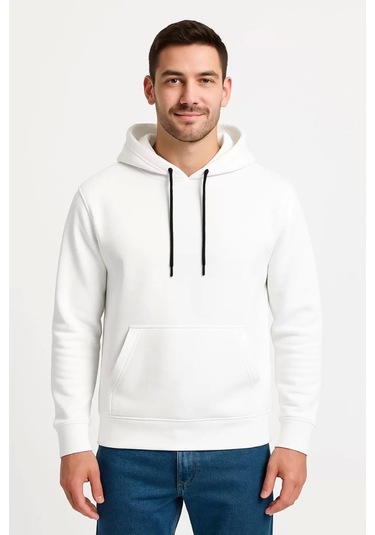 Erkek Üç İplik Kapüşonlu Kanguru Cepli Sweatshirt Hoodie - Beyaz Beyaz