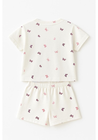 Kız Çocuk %100 Pamuk Kelebek Desenli Şortlu Takım 3-4 Yaş 8-9 Yaş Beyaz