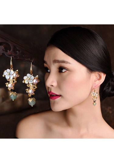 Samdoo Ünlü Seri Yeşil İpek Siyah Kiremit Gömlekli Uzun Kolye, Klasik Çin Stili Kuyumculuk, Kadınlar İçin Özel Tasarım Küpe Gold