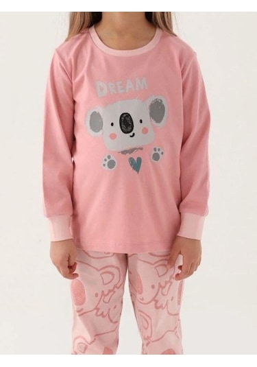 Kız Çocuk Koala Baskılı Uzun Kollu Pijama Takımı-16035 Pembe