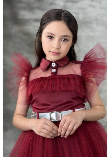 Riccotarz Kız Çocuk Gömlek Yaka Göğsü Ve Kolları Tül Detaylı Wednesday Bordo Elbise Bordo