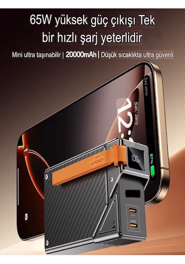 20000mah 65w Hızlı Şarjlı Dijital Göstergeli Powerbank 2x Type-c Girişli Taşınabilir Şarj Cihazı Siyah - Siyah