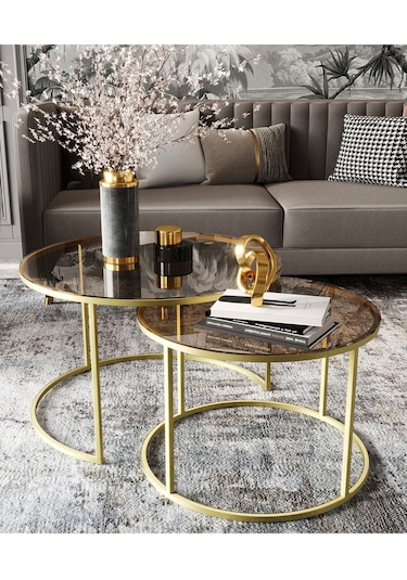 Dekoport Milas Gold Orta Sehpa - Bronz Cam Gold Bronz