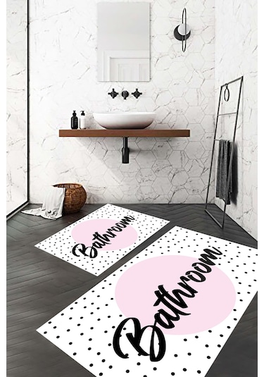 Bathroom Yazılı Banyo Paspası, Dekoratif Paspas, Yıkanabilir, Beyaz