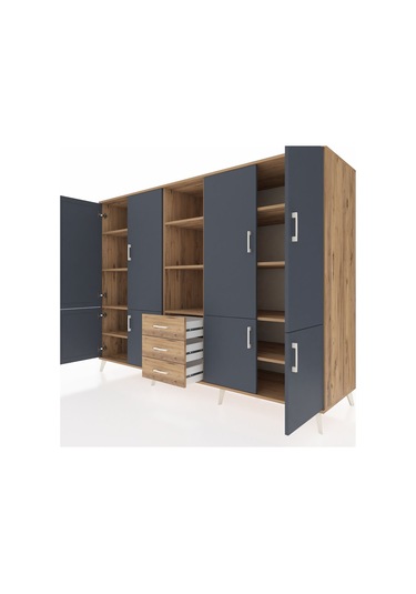 Kronos Dolap 11 Raflı 3 Çekmeceli 8 Kapaklı 220x59x163 Çam-antras Çam-antrasit/çam