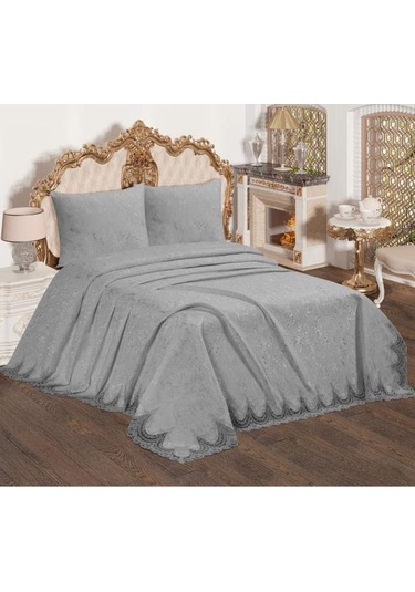 Fransız Güpürlü Çeyizlik Yatak Örtüsü Bulut Gri Gri